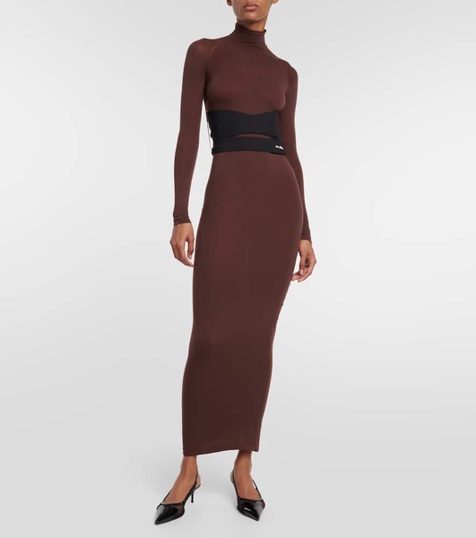 Belted jersey turtleneck maxi dress