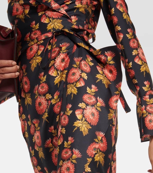 Floral silk twill midi wrap dress