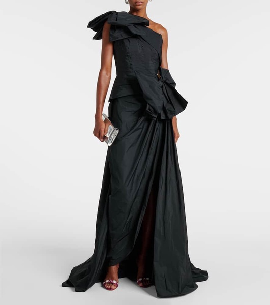 Bow-detail one-shoulder taffeta gown