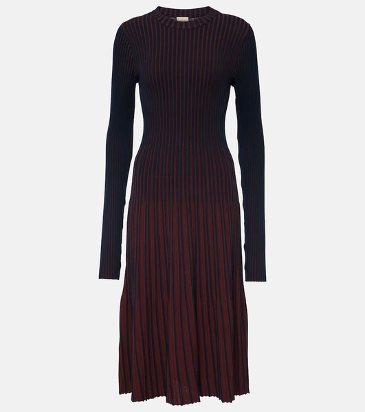 Striped pleated ribbed-knit midi dress