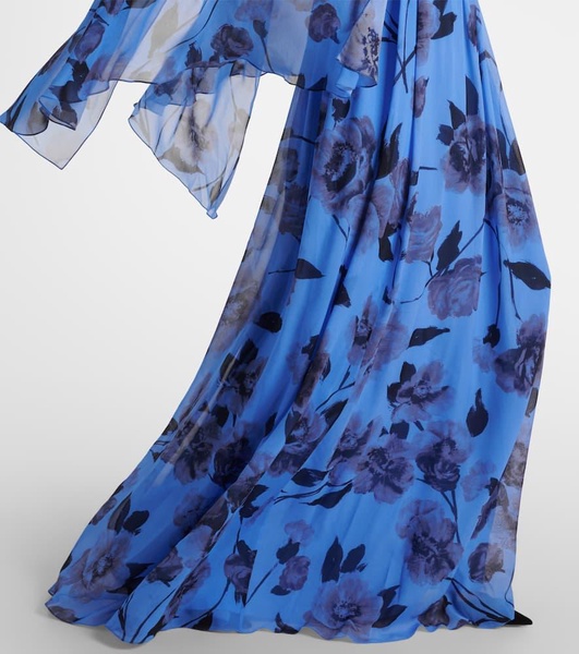 Tie-neck floral silk voile gown