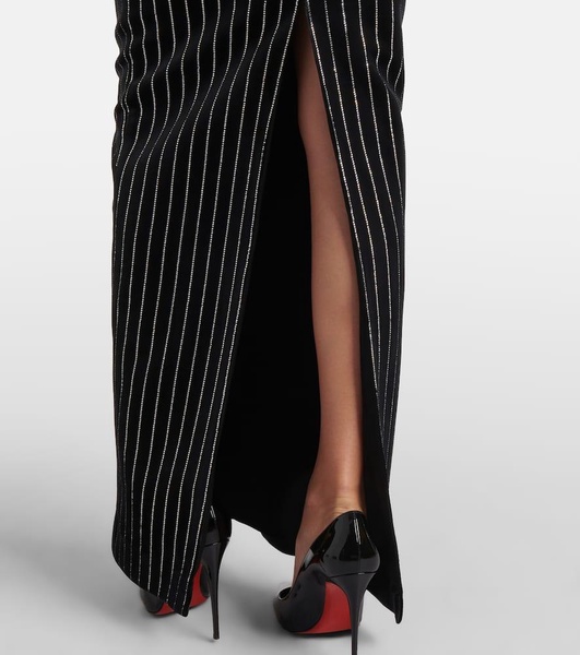 Column embellished pinstripe velvet maxi skirt