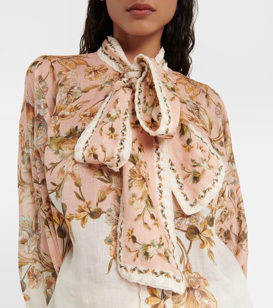 Chintz floral tie-neck ramie blouse