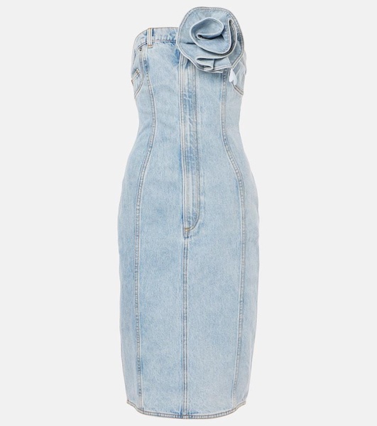 Floral-appliqué denim midi dress