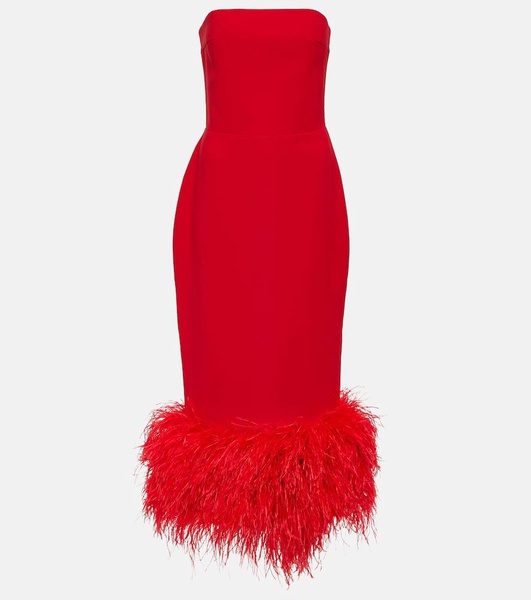 Feather-trimmed strapless crêpe midi dress