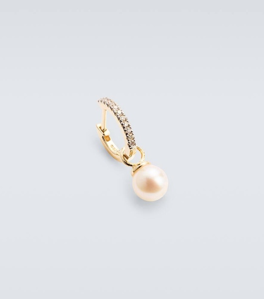 14kt gold single hoop earring with diamonds and freshwater pearl