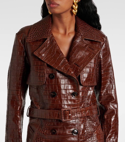 Croc-effect leather trench coat