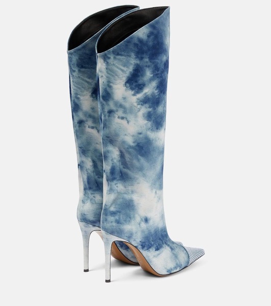 Tie-dye denim knee-high boots