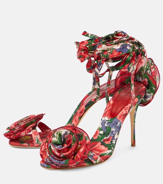 Floral-appliqué satin slingback sandals