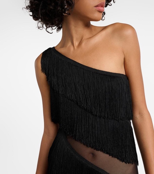 Fringed asymmetric midi dress