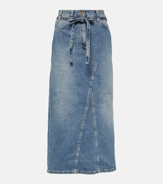 High-rise denim midi skirt