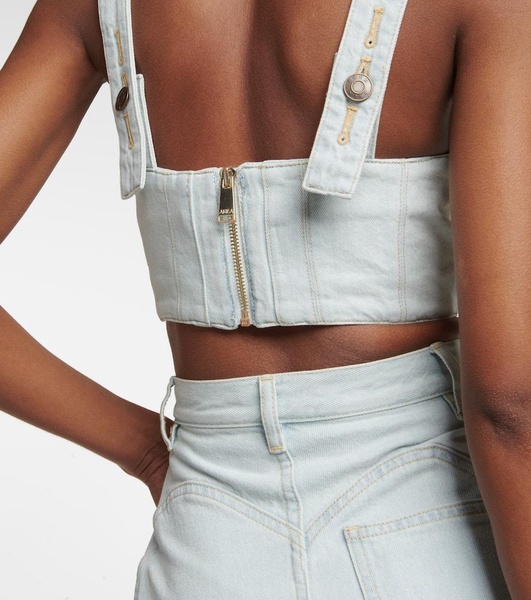 Crystal-embellished denim crop top