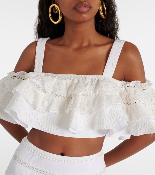 Embroidered ruffled cotton crop top