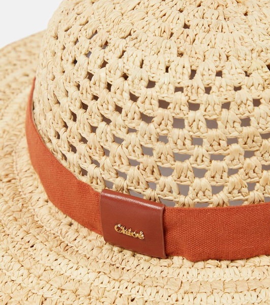 Leather-trimmed raffia hat