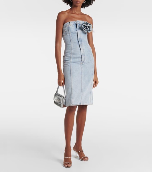 Floral-appliqué denim midi dress