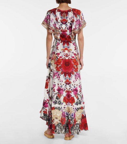 Floral ruffled silk wrap dress