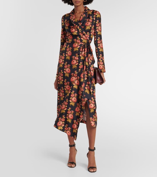 Floral silk twill midi wrap dress