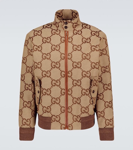 Logo-Jacquard Leather-Trimmed Cotton-Blend Canvas Bomber Jacket