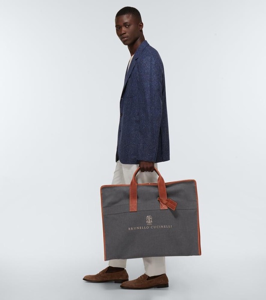 Leather-trimmed canvas garment bag