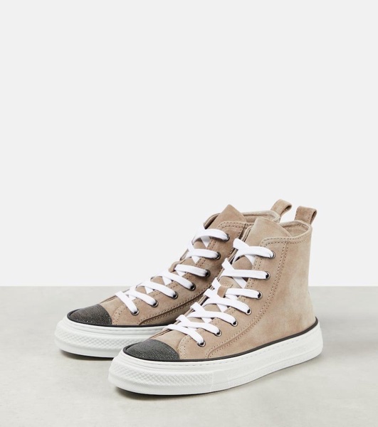 Monili-embellished high-top suede sneakers