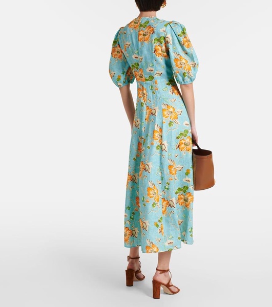 Floral puff-sleeve linen midi dress