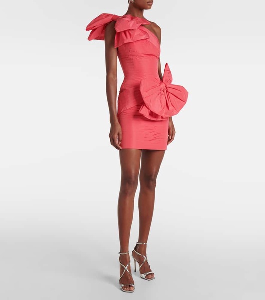 Bow-detail draped pleated taffeta minidress