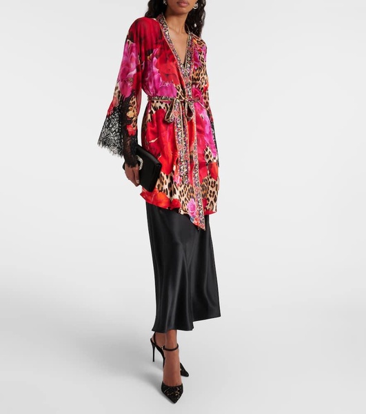 Printed lace-trimmed silk cardigan