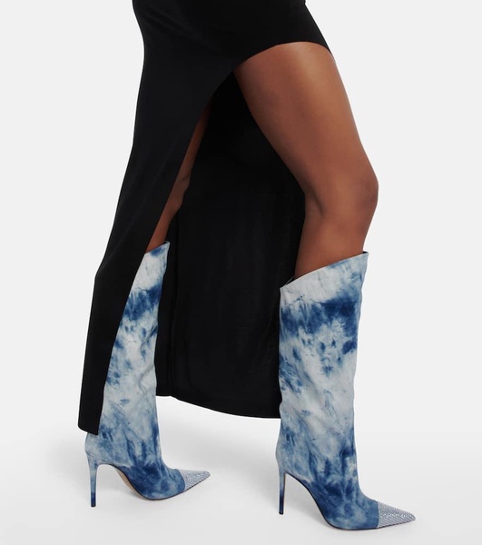 Tie-dye denim knee-high boots