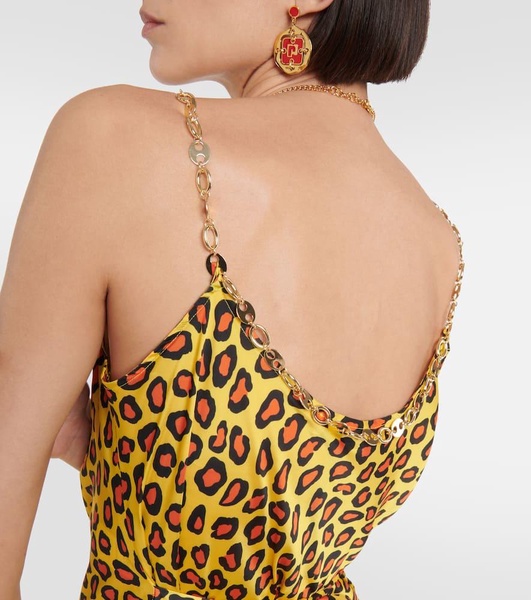 Chain-detail leopard-print satin slip dress