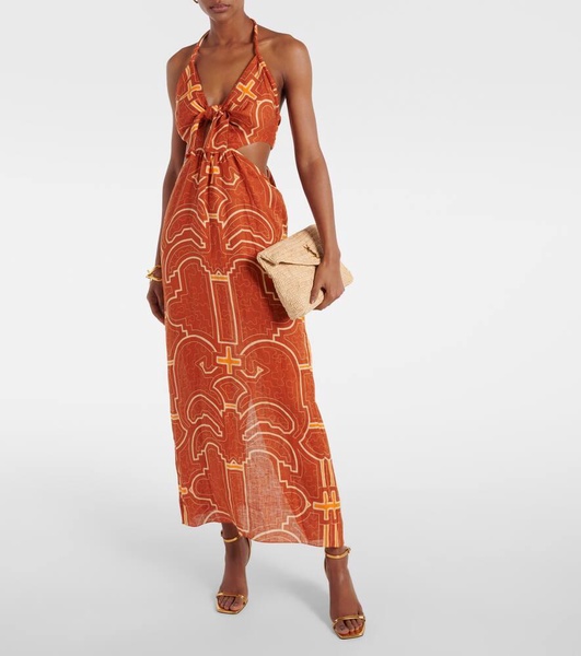 Printed cutout linen maxi dress