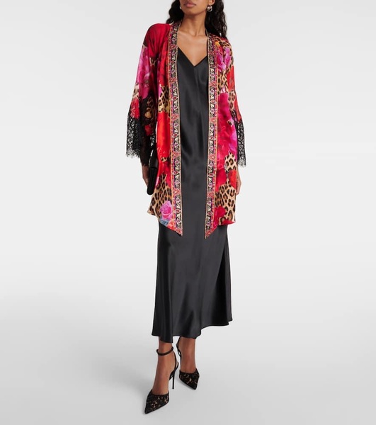 Printed lace-trimmed silk cardigan