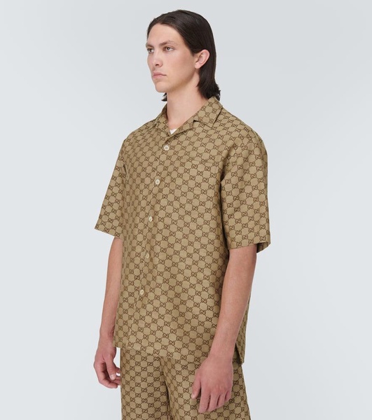 Camp-Collar Monogrammed Linen-Blend Jacquard Shirt