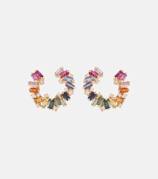 Rainbow 18kt gold hoop earrings with diamonds and sapphires