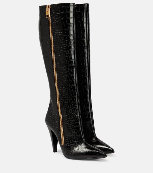 Croc-effect leather knee-high boots