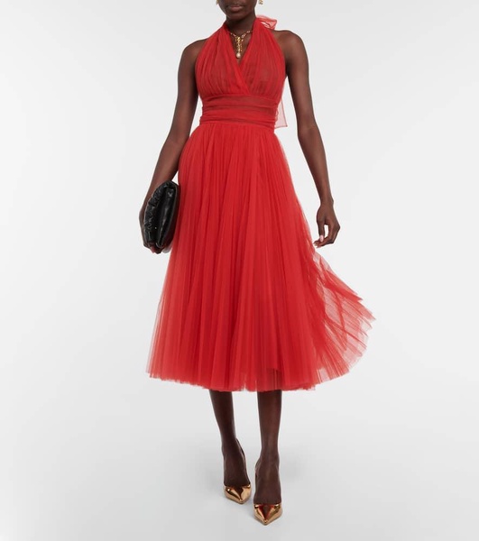 Halter-neck tulle midi dress