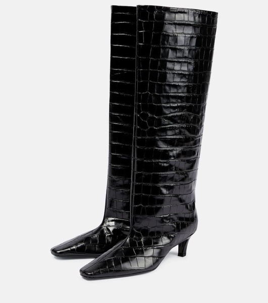 Croc-effect leather knee-high boots