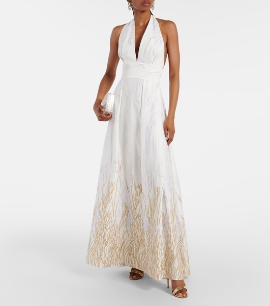 Embroidered halterneck cotton-blend gown