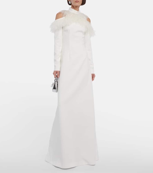 Bridal feather-trimmed crêpe gown