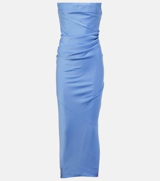 Draped strapless crepe midi dress