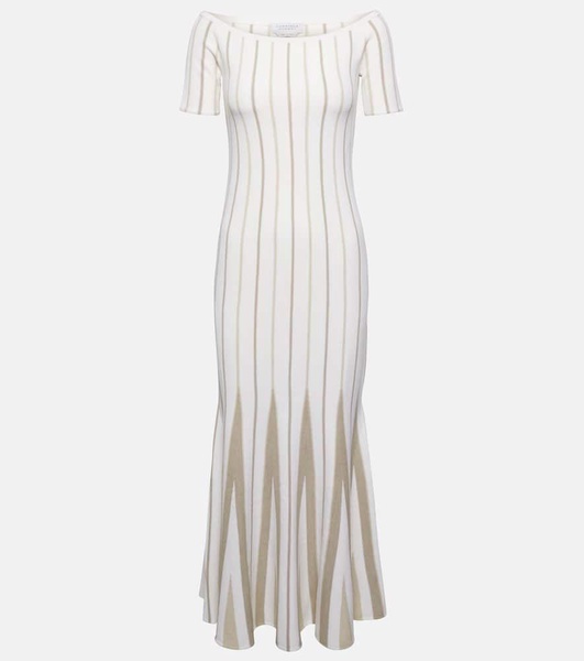 Striped off-shoulder virgin wool maxi dress