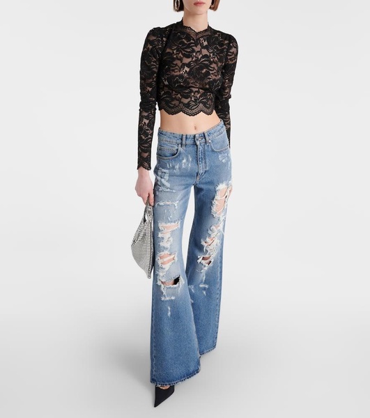 Distressed high-rise wide-leg jeans