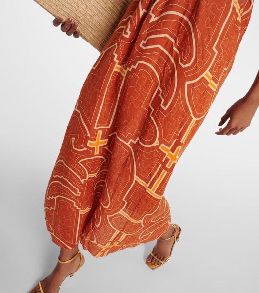 Printed cutout linen maxi dress