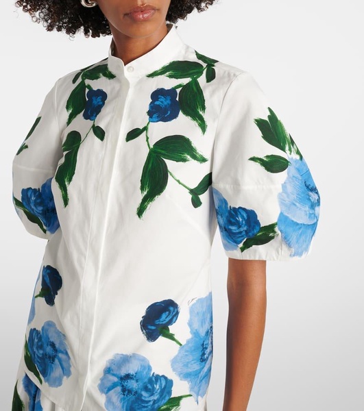 Floral balloon-sleeve cotton blouse