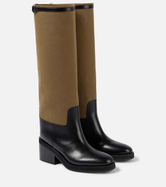 Yasmin leather and canvas knee-high boots