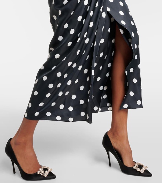 Polka-dot gathered satin midi skirt