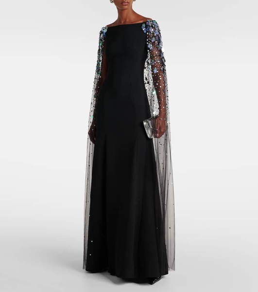 Beaded caped crêpe gown