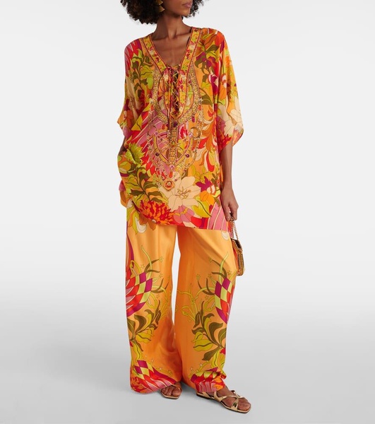 Floral silk satin wide-leg pants