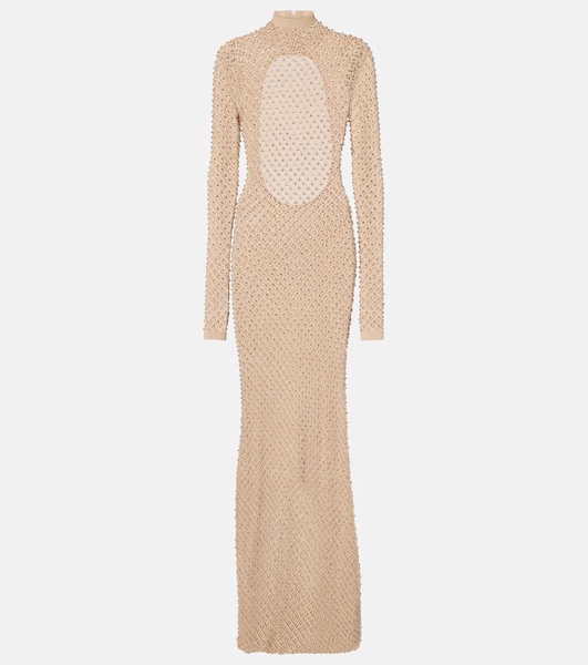 Crystal-embellished open-knit maxi dress