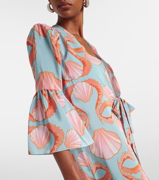 Printed gathered silk midi dress