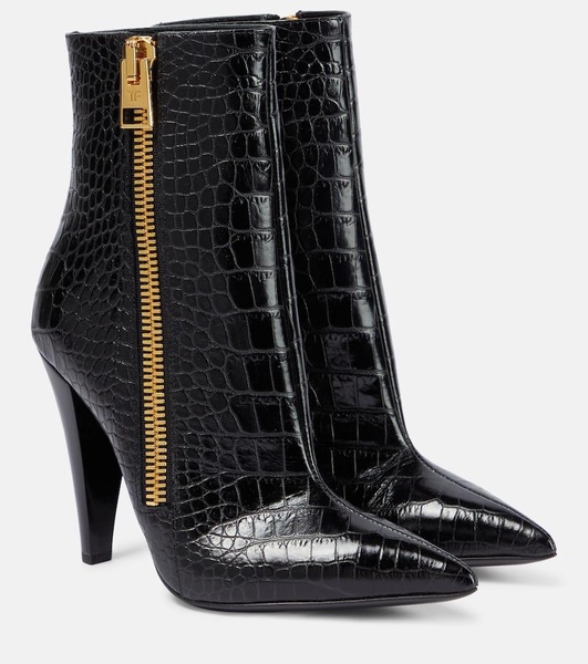 Croc-effect leather ankle boots